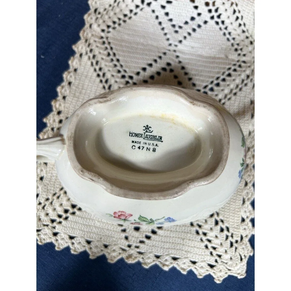 Vintage Homer Laughlin Floral Gravy Boat Gold Trim Serving Pitcher USA 1947